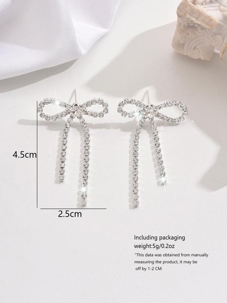 Crystal Bow Knot Tassel Drop Earrings, Silver/Black Rhinestone Long Dangle Earrings for Women