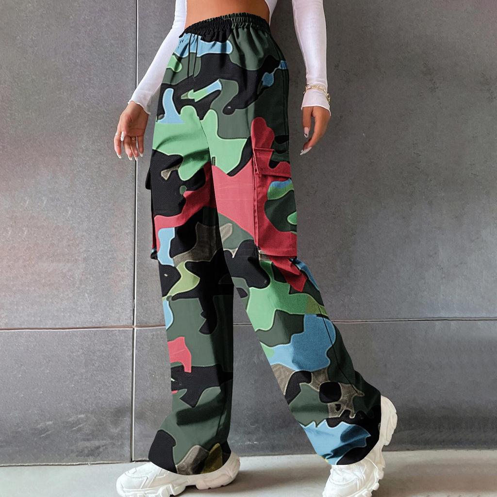 Women’s High-waisted, Wide-leg, Straight-cut, Loose-fitting, Elegant Commuter Trousers; Printed Camouflage Trousers; Casual Trousers