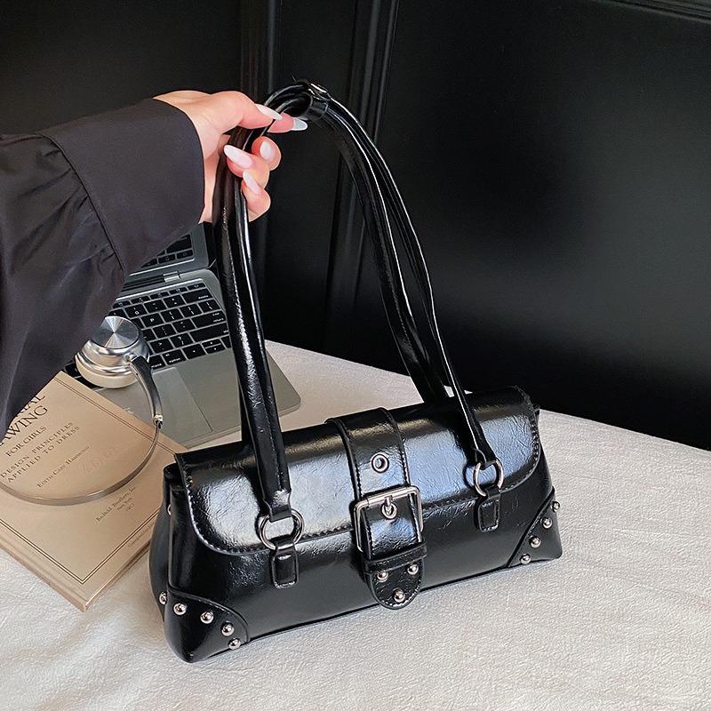 Premium texture portable small square bag women's bag new rivet shoulder bag commuter armpit bag