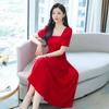 Red Women's Square-Neck Dress: 2026 Summer French Retro Style with Puff Sleeves for Engagements