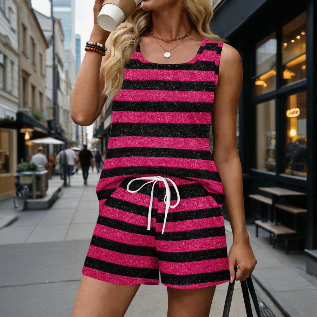 Women's Summer Casual Shorts Two-Piece Set with Striped Print Vest, Square Neck, Sleeveless Sportswear with Pockets