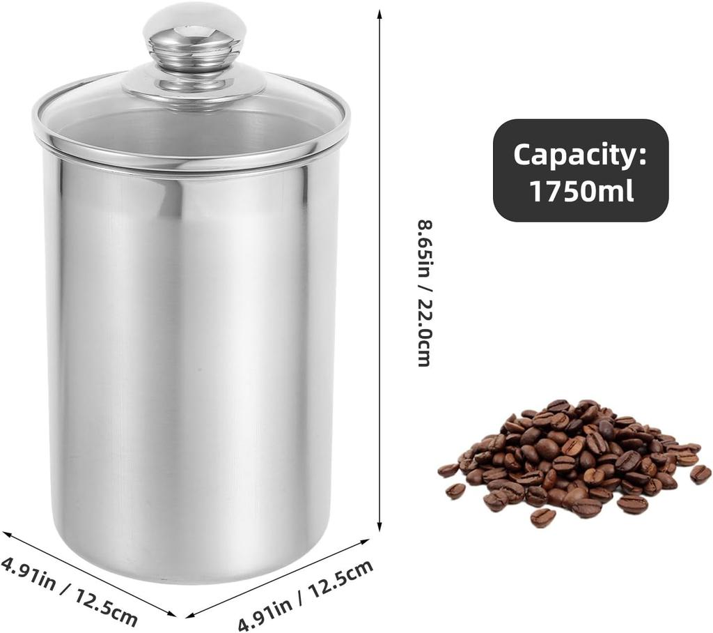 Stainless Steel Canister Jars with Glass Lid, 1750ml Kitchen Storage Containers for Tea, Flour, Sugar, Coffee Beans, Candy, Snac