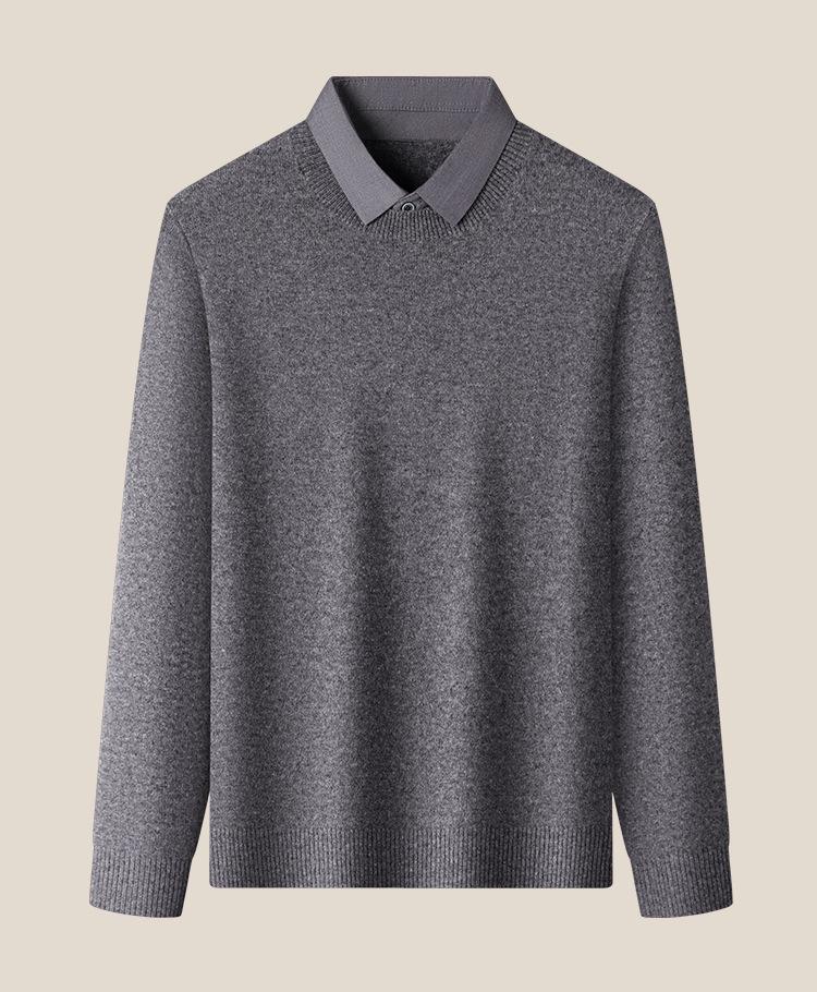 Męski gruby wełniany sweter z dekoltem w serek i klapami 2025 - Fason udający dwie części, dzianina biznesowa