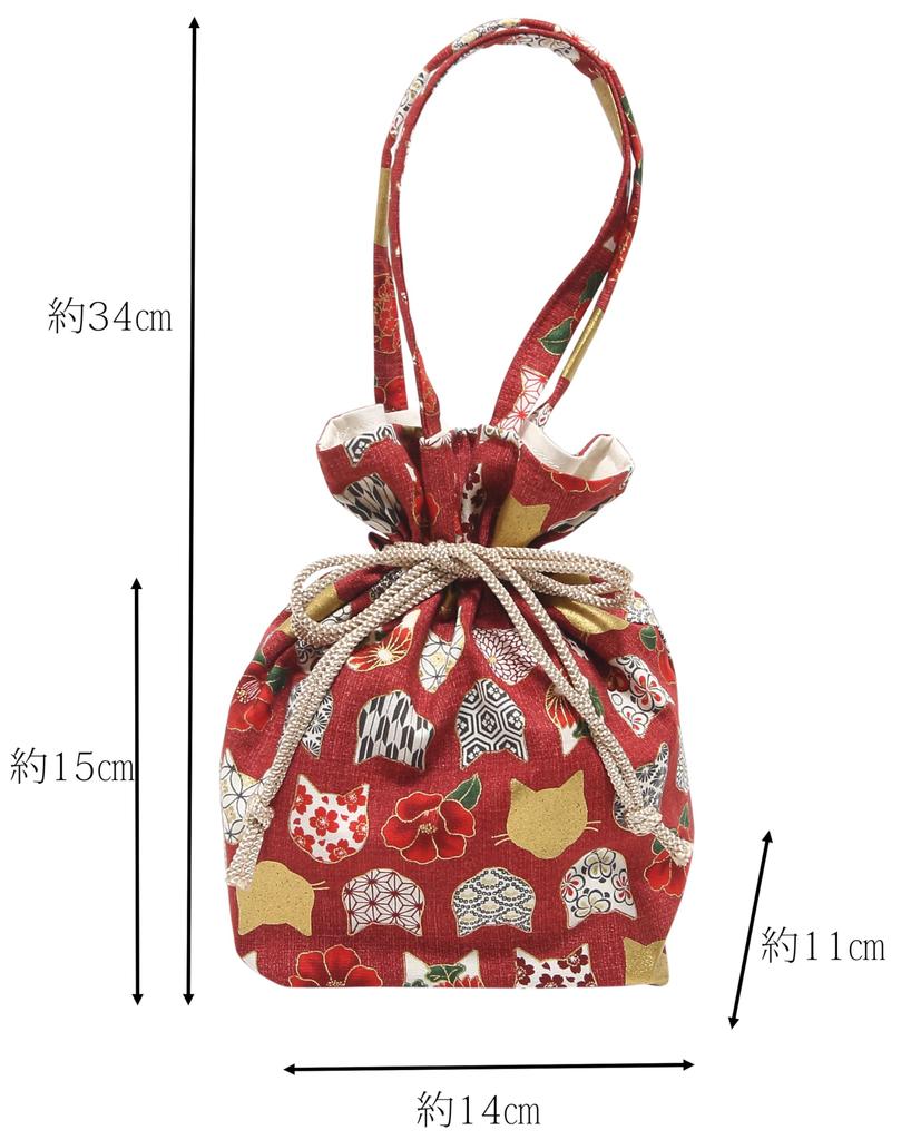 [Hasegawa] Cat Pattern Drawstring Bag with Handle, Made in Japan (Cat SilhouetteRed)