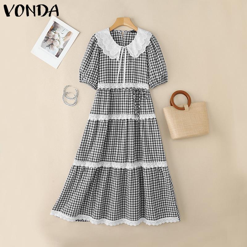 

VONDA Women Crochet Lapel Neck Plaid Print Casual Maxi Pleated Dress 5XL чёрный