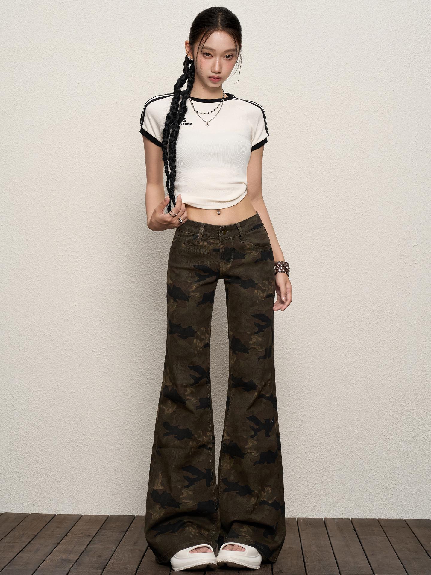 2025 Women s Low-Waist Camouflage Flare Jeans - Slimming & Flattering Floor-Length Pants XL