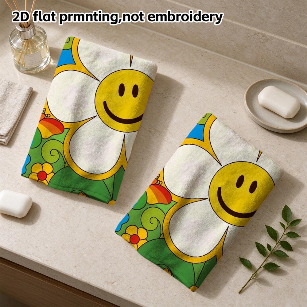 Smiley Daisy Print Lightweight Bath Towel, Soft Absorbent Beach Towel