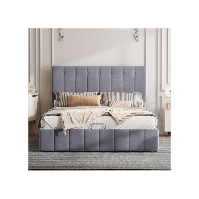 Lit Double Avec Rangement - MUVOE - 140x200 Cm - Tête De Lit Rembourrée - Pliant Hydraulique - Gris