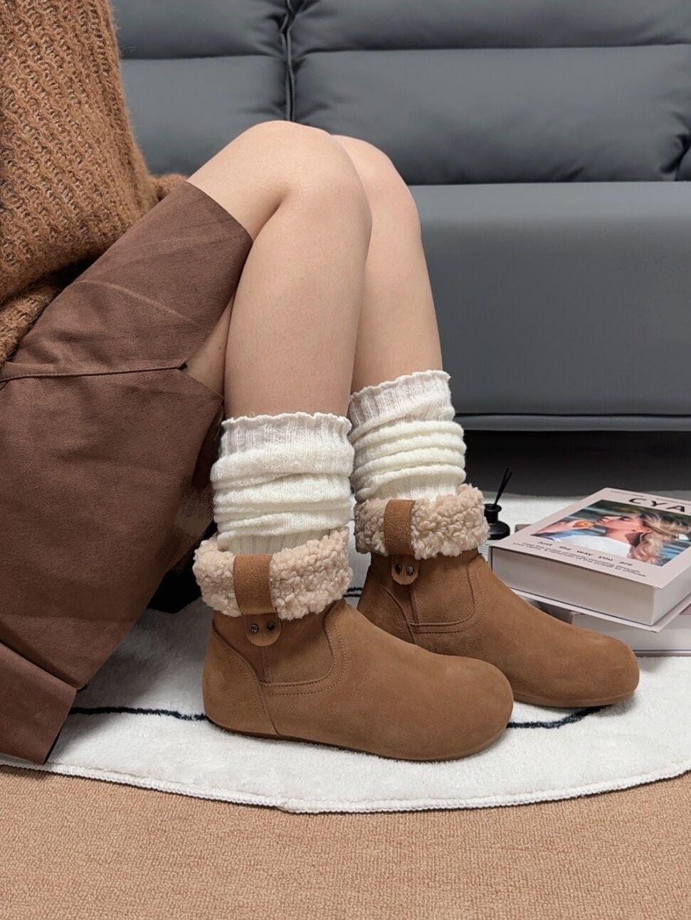 

Зимние плюшевые ботинки женские с круглым носком ретро пушистые короткие ботинки плоские хлопковые туфли теплый плюшевый снег 40