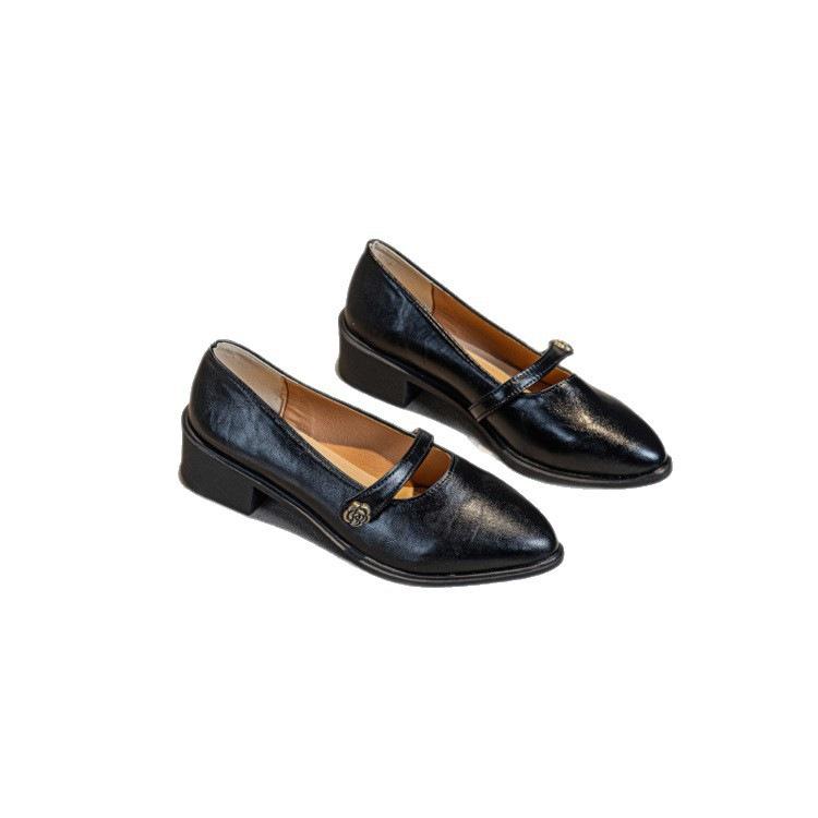 One-button Camellia Thick Heel Mary Jane Spring New Retro Mid-heel Pointed Light Mouth Single Shoes