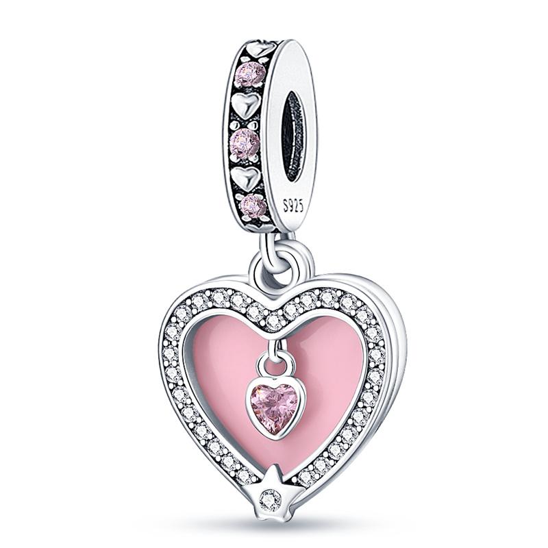Mode Kopparfärg Låda Hjärta Formad Rosett Rosa Berlocker Pärlor Passar Pandach Original Armband Fint DIY Födelsedagssmycken