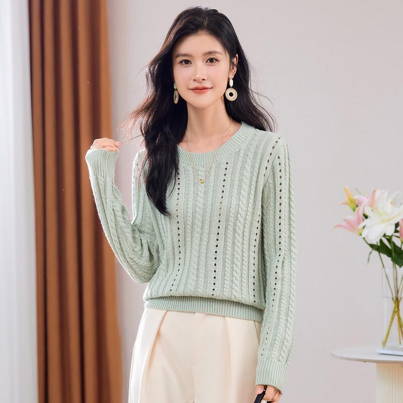 Women's Thickened Wool Blend Pullover Sweater - Round Neck, Hollow-out Knit