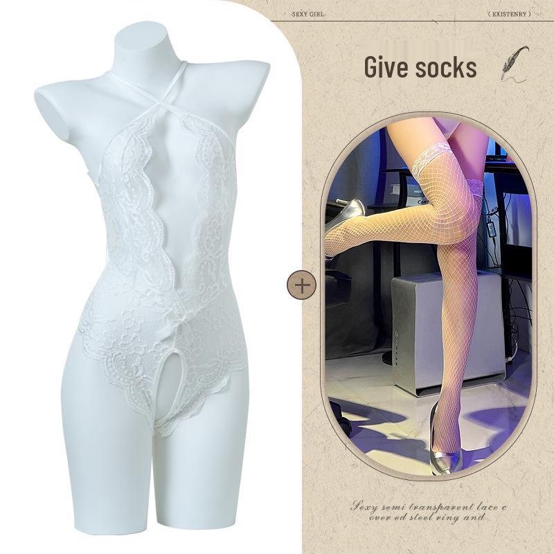 Women's Open Crotch See-Through Lace Bodysuit with Pearl Detail