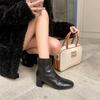 Autumn and winter new soft leather French square head thin boots women's versatile Korean thick high heel bare boots Martin boots retro short boots