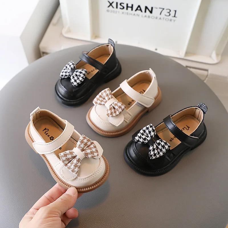 Children's Shoe for Girl Spring Bowknot Kids Causal Versatile Leather Shoes Fashion Non-slip Toddler Princess Walking Flat Shoes