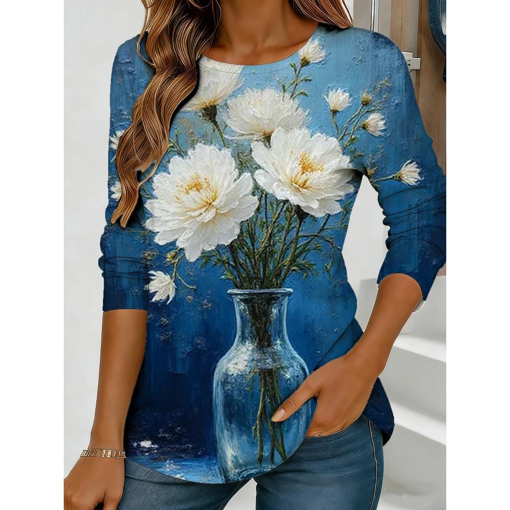 Flower Printing Versatile Comfortable Long Sleeve Fashion Loose Pullovers Long Sleeves Women’s
