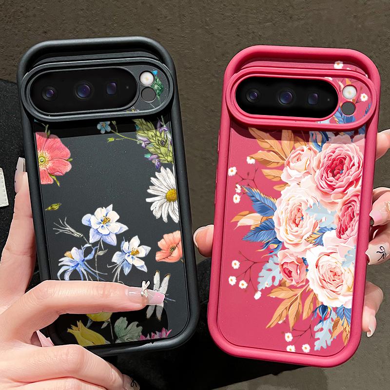 For Google Pixel 9 8 Pro Xl 8a Shockproof Yellow Rose Flower Pattern Silicone Soft Lens Protection Solid Color Anti-Fall Matte Phone Case Cover