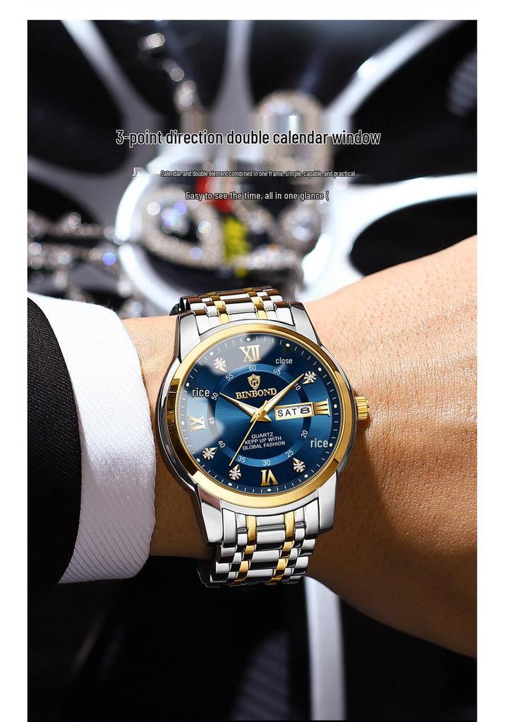 Binbang Men's Waterproof Quartz Watch with Luminous Dial, Rhinestone Accents, Dual Calendar, and Steel Strap.