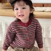 Baby Autumn Striped Knitted Cardigan Korean Children'S Retro Burgundy Crew Neck Sweater Men'S And Women'S Treasure Spring And Autumn Coat