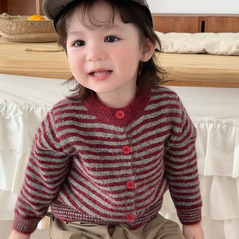 Baby Autumn Striped Knitted Cardigan Korean Children'S Retro Burgundy Crew Neck Sweater Men'S And Women'S Treasure Spring And Autumn Coat