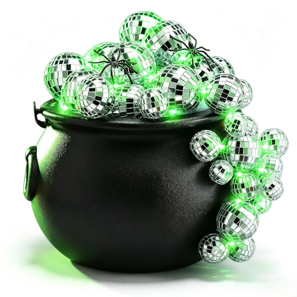 96 Pcs Halloween Disco Ball Witch Cauldron Kit With LED Lights Fake Cobwebs Spiders For Home Party Decorations Plastic Black