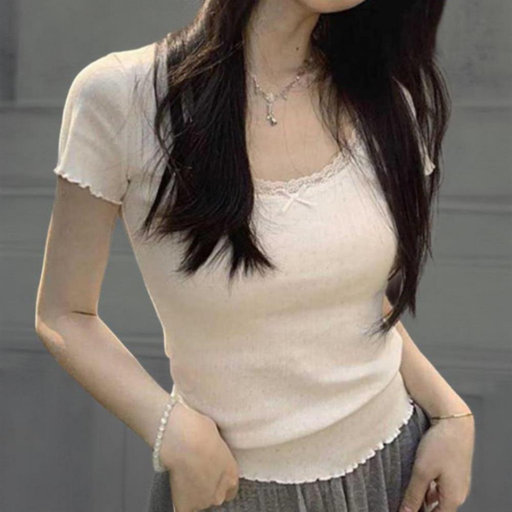 New ArrivalS Open Run Women S Lovely Lace Square Neck ShorT Sleeve T ShirT