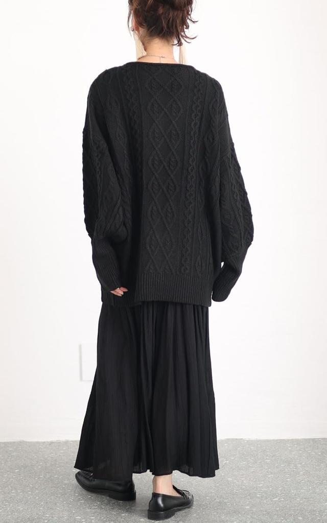 Gold Japan Plus Size Knit Volume Sleeve Cable Knit Pullover Women's Top, (4L, Black)