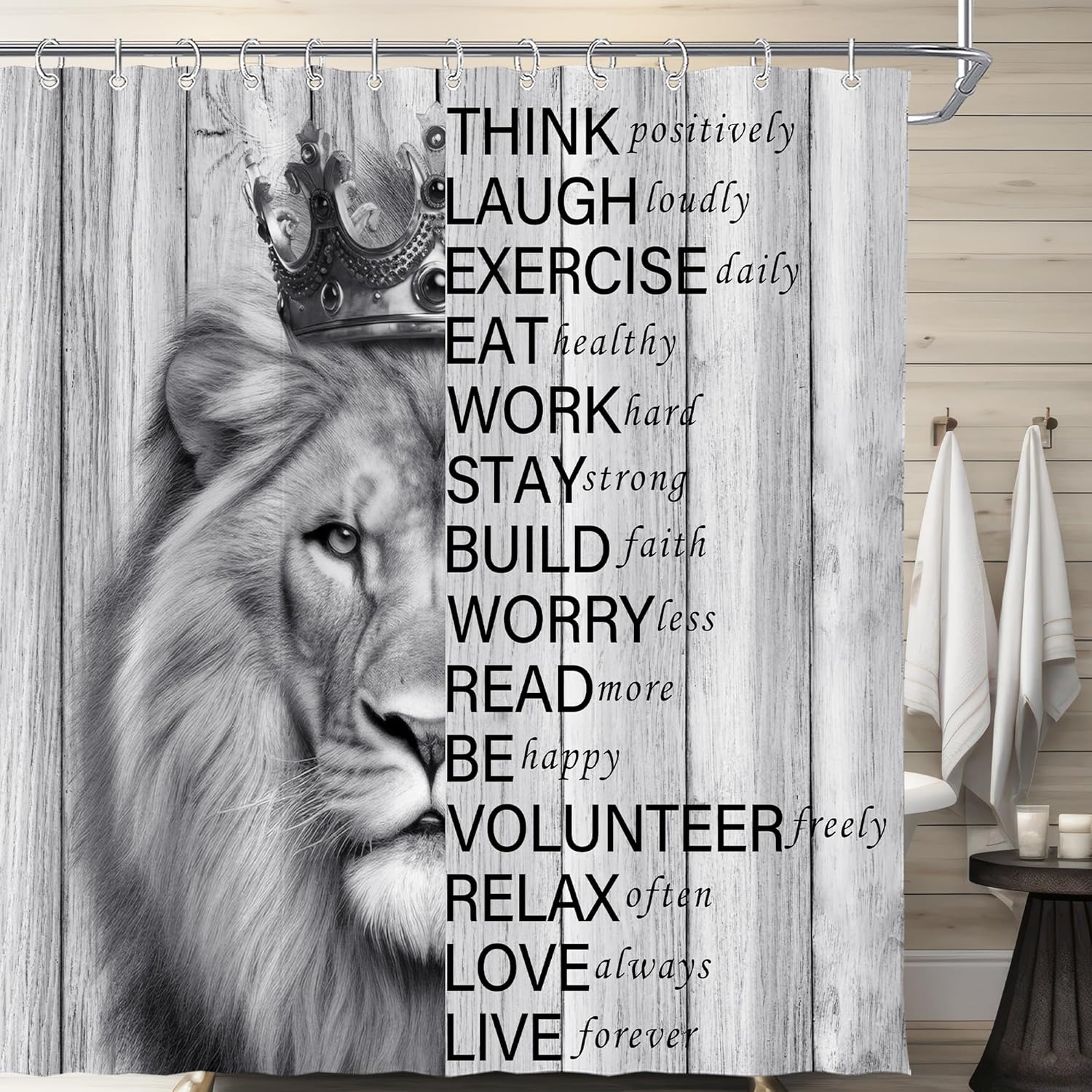 

Lion King Shower Curtain Inspirational Quotes Wood Background Bathroom Decor Waterproof Fabric Motivational Art Home Interior W60H190(CM)-1 Pcs