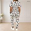 Women Plus Size Two Piece Set Round Neck Short Sleeve White Printed Crop Top Drawstring Cuffed Pants With Pockets
