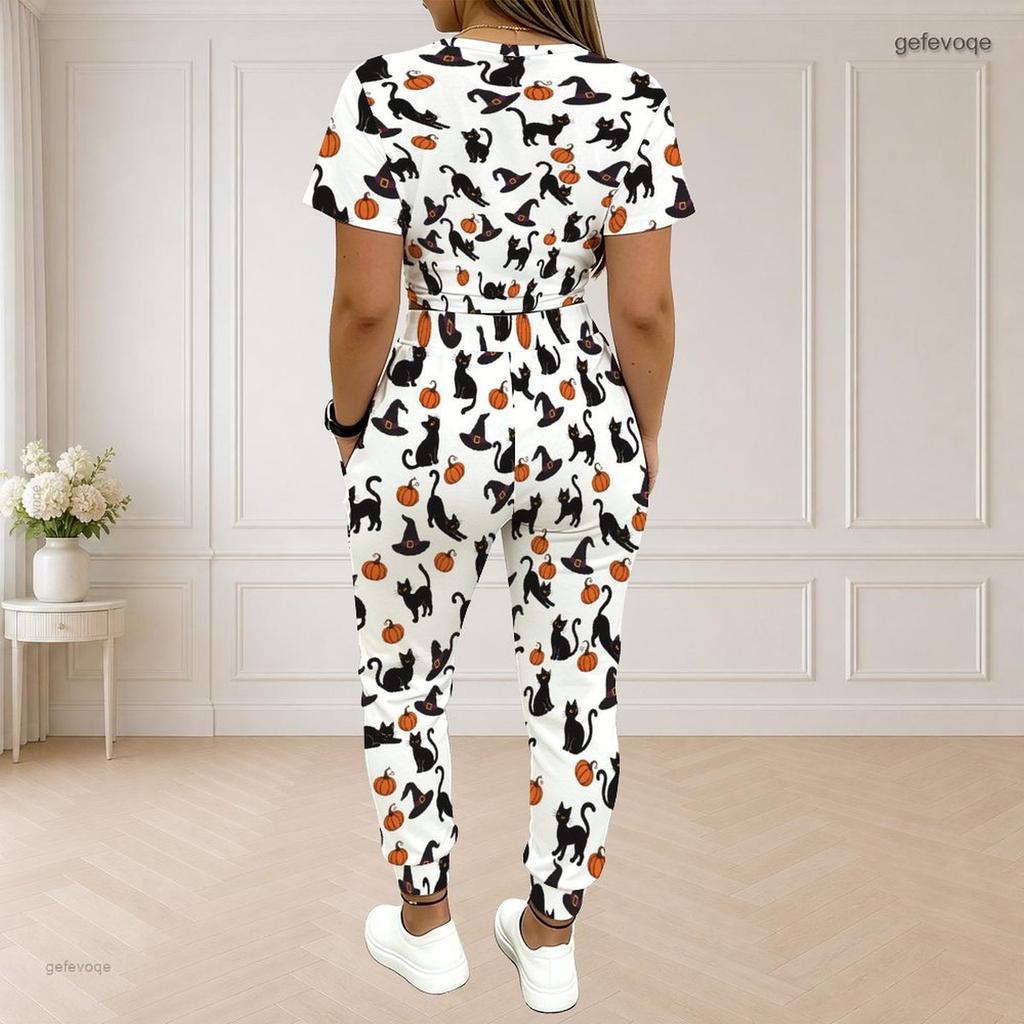 Women Plus Size Two Piece Set Round Neck Short Sleeve White Printed Crop Top Drawstring Cuffed Pants With Pockets