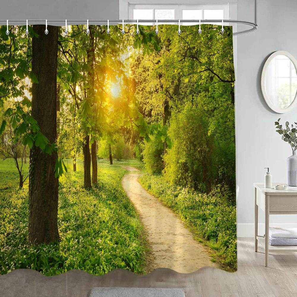 

Natural Rustic Landscape Shower Curtains Lake Mountain Trees Flowers Plant Bath Curtain For Bathroom Decor Polyester Fabric Set W60H190(CM)-1 Pcs