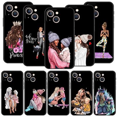 Juodi rudi plaukai, kūdikis mama mergaitė, sūnus, telefono dėklas, skirtas iPhone 13 15 14 12 mini 11 Pro MAX XR X SE XS 7 8 Plus silikoninis juodas dangtelis