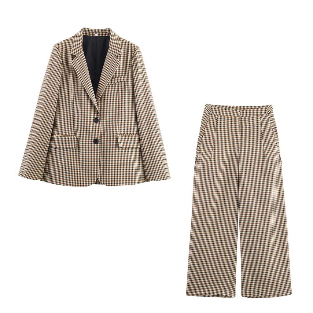 European and American cross-border women's clothing wholesale women's plaid direct tailoring suit jacket set