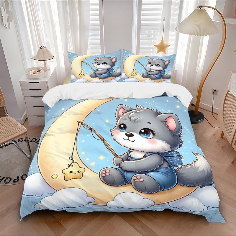 3pcs Little Wolf Fishing for Stars Printed Quilt Set - Includes 1 Quilt Cover and 2 Pillowcases, Machine Washable - Suitable for All Seasons.M071