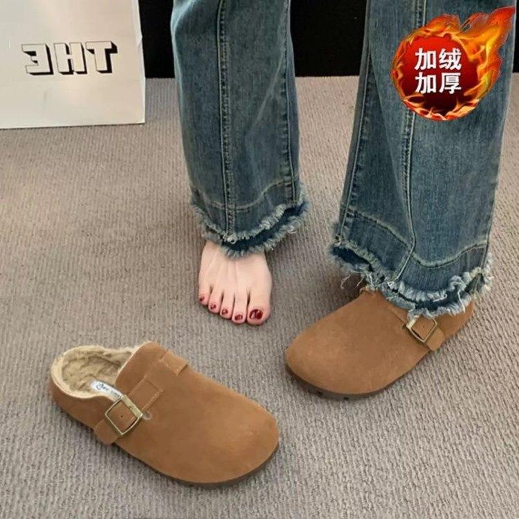 Winter outer wear velvet bag head half tow Boken Muller Boken slippers mango big head loafer bean cotton slippers