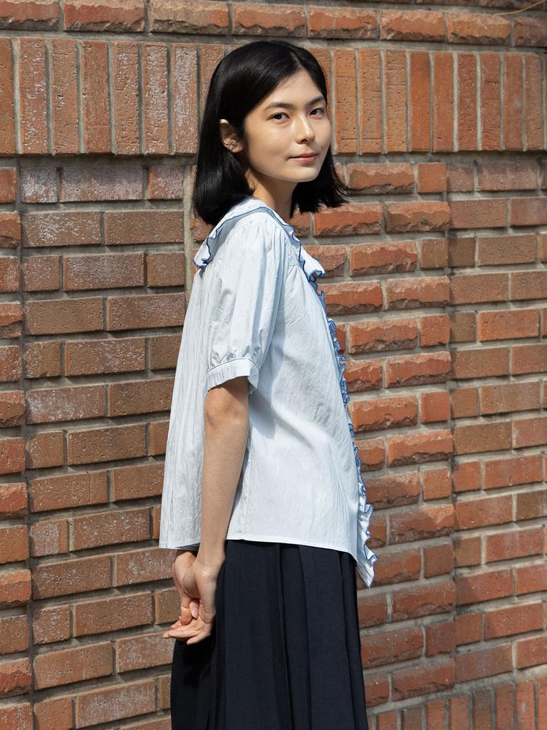 VINCENT NAVY Santorini Frill Blouse_Blue