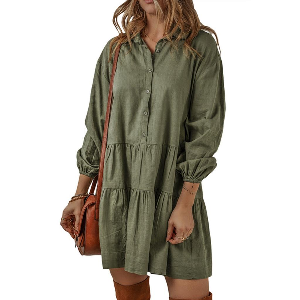 Women's Turn Down Collar Three Quarter Sleeve Shirt Dress Loose Fit Relaxed Waist Casual Tiered Mini Dress