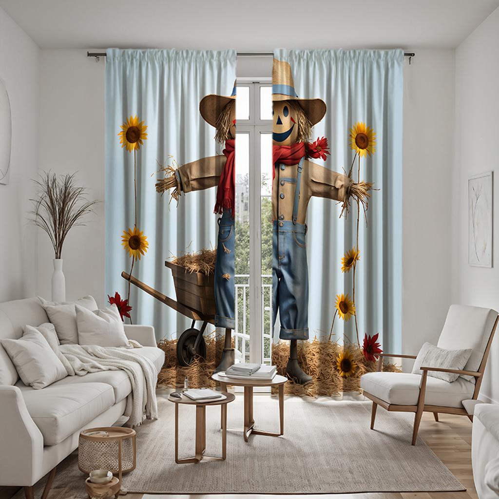 2 Stück HD Trolley neben der Strohpuppe dekorativer Vorhang weißer Bindeband digital bedruckter Vorhang Heimdekorationsstil dekoriert