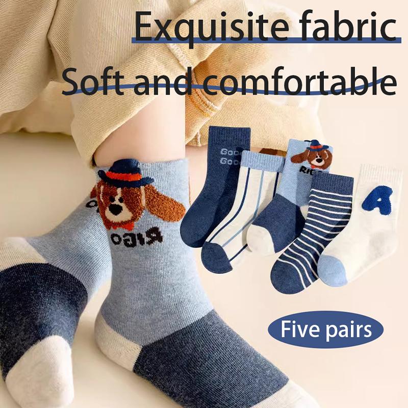 5Pairs Children's Warm Mid-tube Socks Peter Bear High-elastic Moisture Wicking and Breathable School Socks Funny Spring