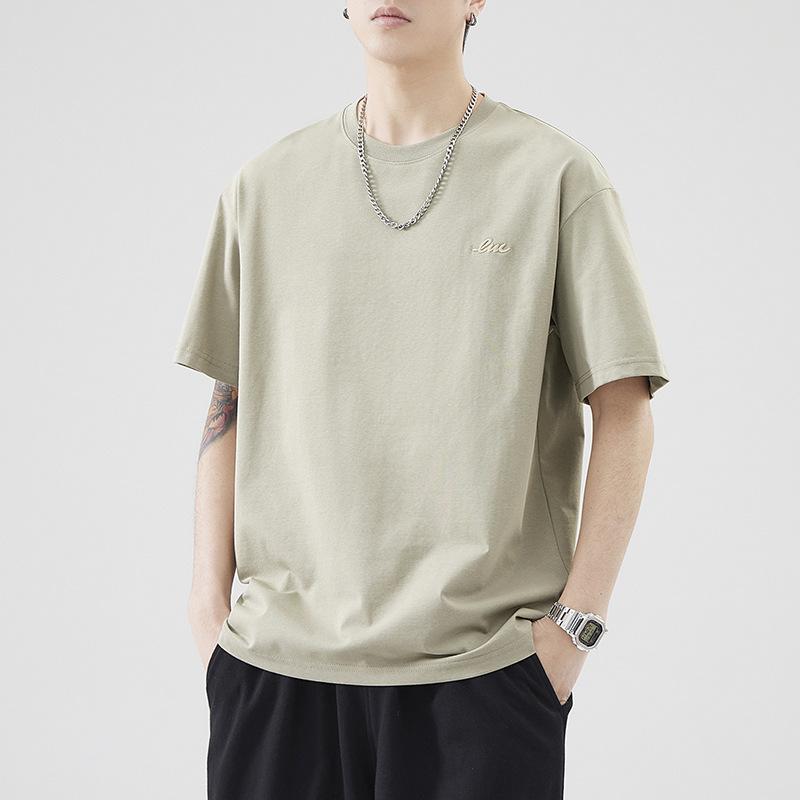 260g Heavy Japanese Loose Ice Silk Embroidered Short-sleeved T-shirt Men's Summer Casual