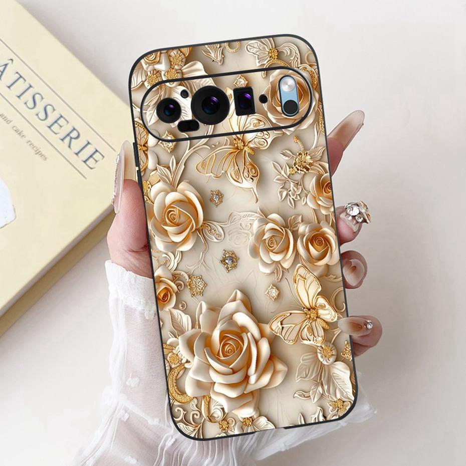 Beautiful Floral Painting Phone Case For Google Pixel 9 Pro 9A Black Silicone Soft Cover For Google Pixel9 9A 9Pro Cases Bumpers