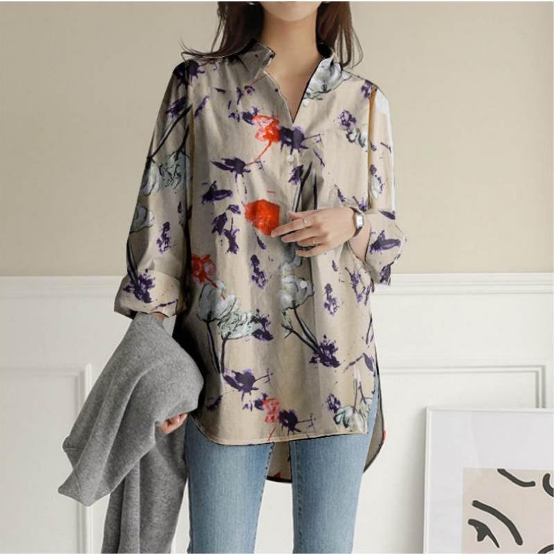 Damen Blumenprint Hemd Stehkragen 3/4 Ärmel Knopfleiste Locker Tunika Top