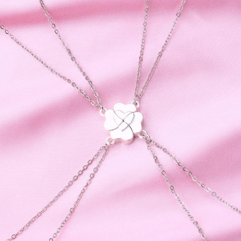 4 Piece Four Leaf Clover Stitching Necklace Magnet Stone BFF Friendship Heart Pendant Chain Choker Necklace Jewelry