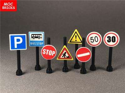 10pcs/lot Road Sign Featuring Clip-on Stop Bus Station Thoroughfare Construction Worker Constructing Blocks Figure DO-IT-