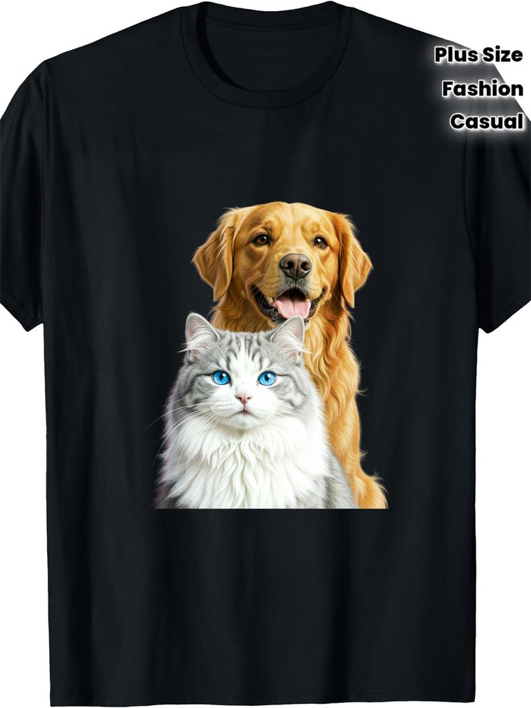 Pet Lover unisex T-Shirt, Golden Retriever And Cat Print, Crew Neck, Unisex Fit, Soft, Summer Wear