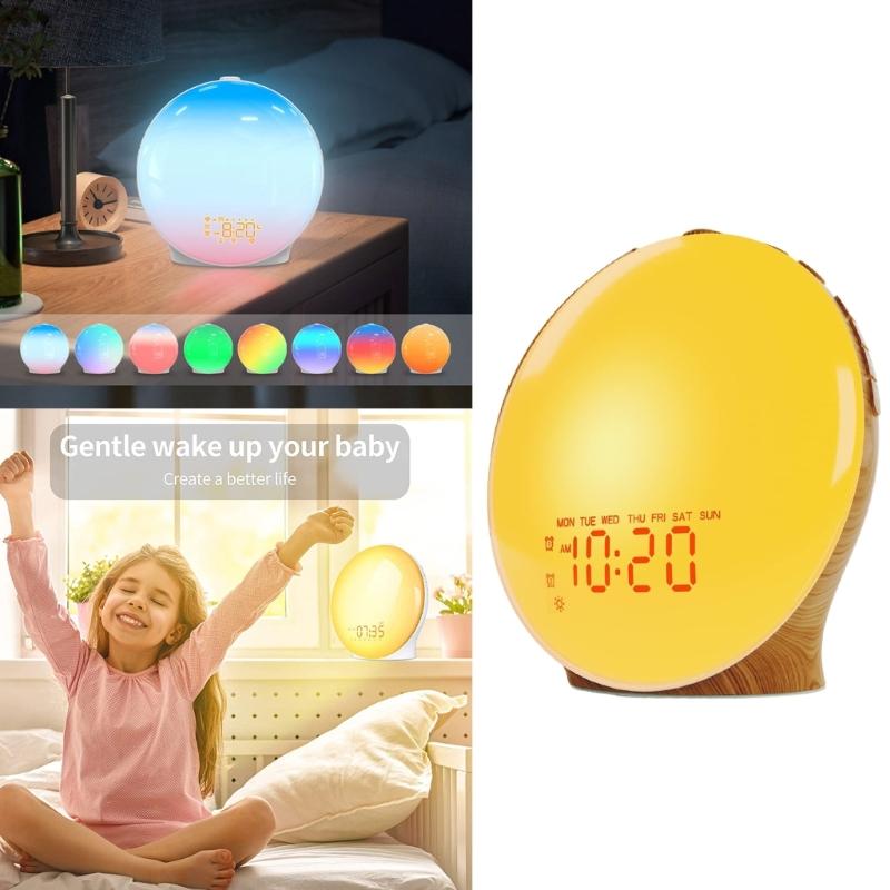 Sunrises Simulation Alarm Clock Wake Up Light with Adjustable Colorful Night Light Radio 2 Alarms Wood Grains Desk Clock