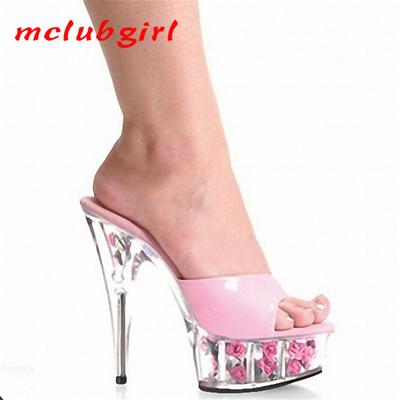Women's Shoes Patent Leather Crystal Flower Thin Heel Slippers Nightclub Fish Mouth Dance Shoes 15cm Heel 5cm Platform YKC
