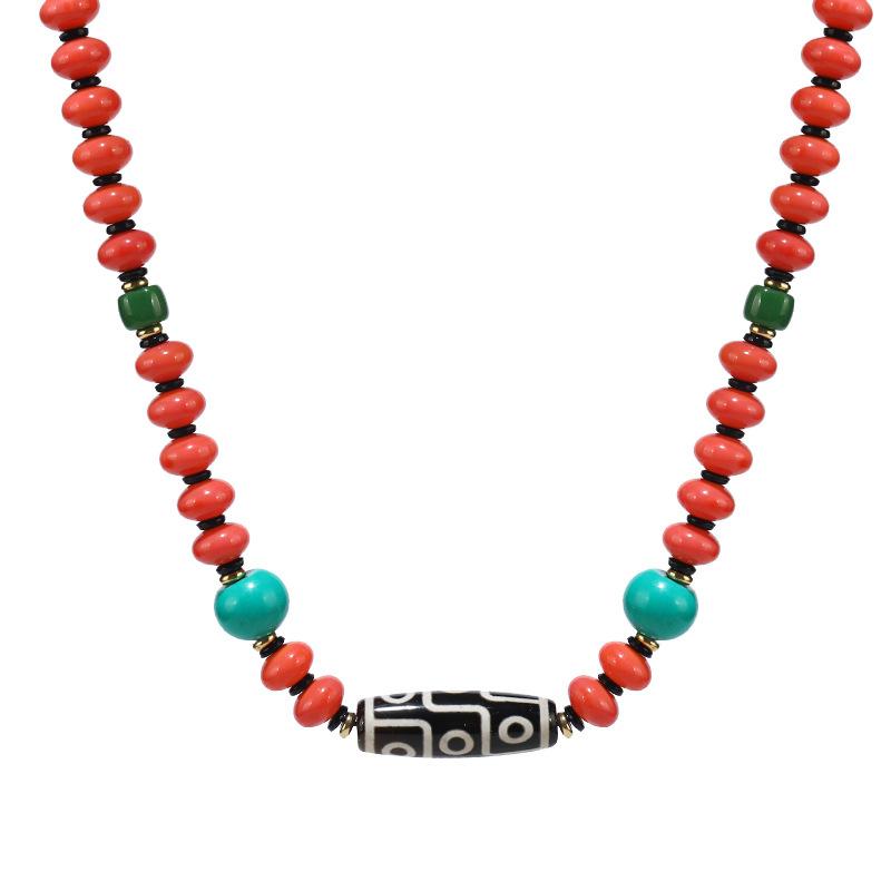Xizang Dzi Bead Agate Coral Necklace Tibetan Men's and Women's Retro Long Clavicle Chain Tibetan Accessories