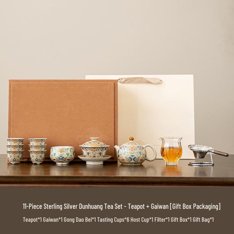 Dunhuang Silver-Inlaid High-End Retro Kung Fu Tea Set: Light Luxury Chinese-Style Tea Brewing and Drinking Gift Box