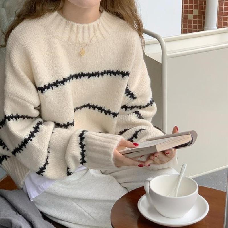 Retro Round Neck Loose Autumn Pullovers Sweaters Women Fashion Long Sleeve Striped Knitted Sweater Ladies Elegant Slim Jumpers Winter Clothing 25534